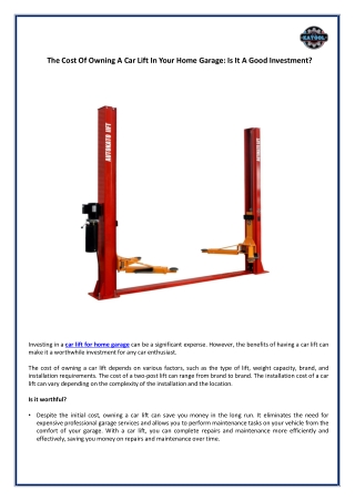 The Cost Of Owning A Car Lift In Your Home Garage - Is It A Good Investment