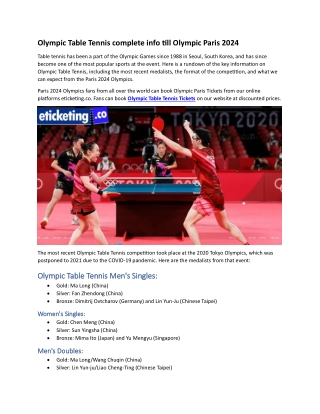 Olympic Table Tennis complete info till Olympic Paris 2024