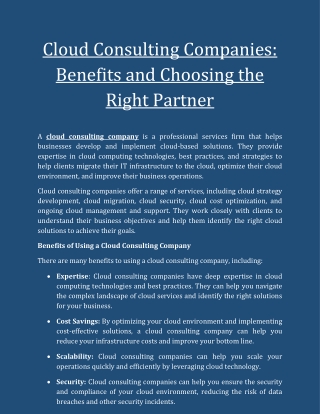 Cloud Consulting Companies - Benefits and Choosing the Right Partner