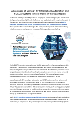 Advantages of Using 21 CFR Compliant Automation and SCADA Systems in Steel Plants in the SEA Region