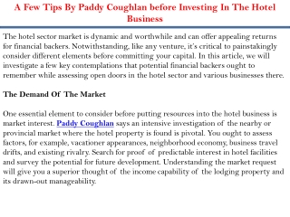 A Few Tips By Paddy Coughlan before Investing In The Hotel Business