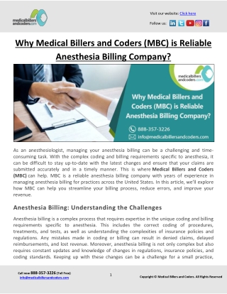 Why Medical Billers and Coders (MBC) is Reliable Anesthesia Billing Company?