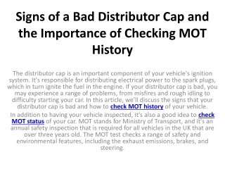 Signs of a Bad Distributor Cap and the Importance of Checking MOT History