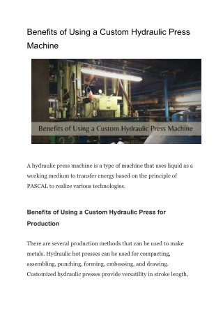 Benefits of Using a Custom Hydraulic Press Machine