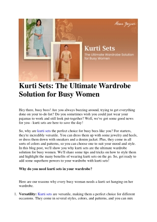 Kurti Sets The Ultimate Wardrobe Solution for Busy Women