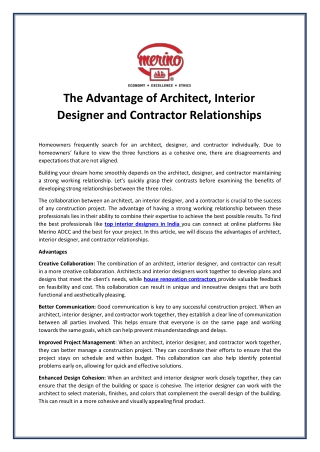 The Advantage of Architect, Interior Designer And Contractor Relationships