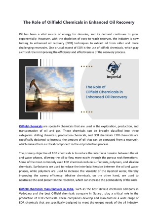 The Role of Oilfield Chemicals in Enhanced Oil Recovery