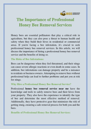 The Importance of Professional Honey Bee Removal Services