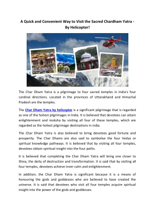 A Quick and Convenient Way to Visit the Sacred Chardham Yatra - By Helicopter