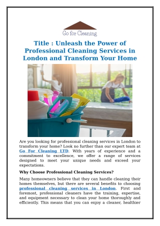 Unleash the Power of Professional Cleaning Services in London and Transform Your