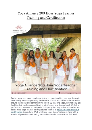 Yoga Alliance 200 Hour Yoga Teacher Training and Certification