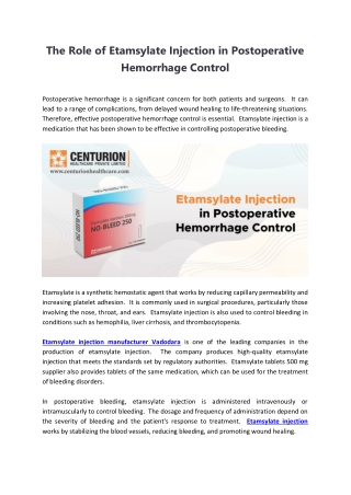 The Role of Etamsylate Injection in Postoperative Hemorrhage Control