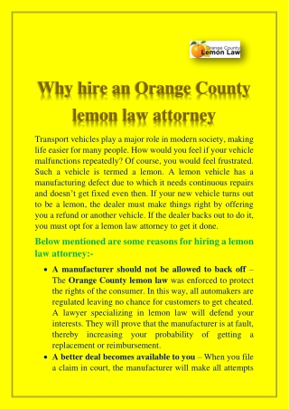 Why hire an Orange County lemon law attorney