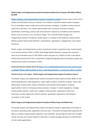 Plastic Surgery and Integumentary System Procedures Market Size to Surpass USD 3928.4 Million by 2028