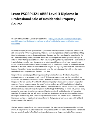 Learn PSORPL321 ABBE Level 3 Diploma in Professional Sale of Residential Propert