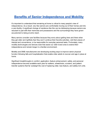 Benefits of Senior Independence and Mobility