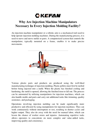 Why Are Injection Machine Manipulators Necessary In Every Injection Molding Facility