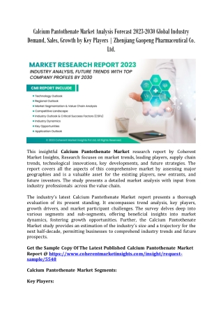 Calcium Pantothenate Market Analysis Forecast 2023