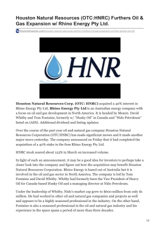 Houston Natural Resources (OTC-HNRC) Furthers Oil & Gas Expansion w- Rhino Energy Pty Ltd