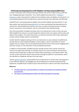 Enhancing Learning Experience with Adaptive Learning using EasySIM Cloud