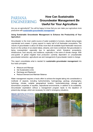 Get Sustainable Groundwater Management - Parjana Engineering