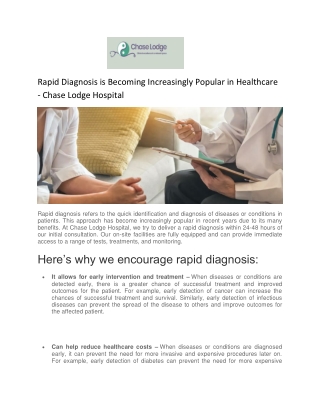 Rapid Diagnosis is Becoming Increasingly Popular in Healthcare - Chase Lodge Hospital