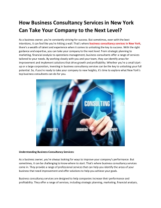 How Business Consultancy Services in New York Can Take Your Company to the Next Level