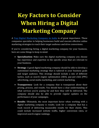 Key Factors to Consider When Hiring a Digital Marketing Company