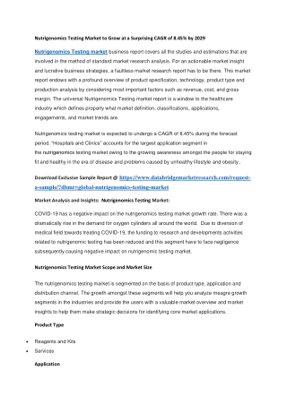 Nutrigenomics Testing Market to Grow at a Surprising CAGR of 8.45 by 2029