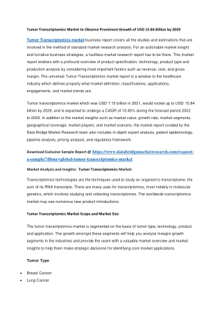 Tumor Transcriptomics Market to Observe Prominent Growth of USD 15.84 Billion by 2029