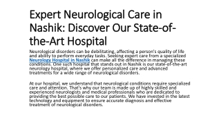 Expert Neurological Care in Nashik: Discover Our State-of-the-Art Hospital