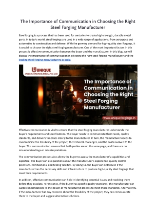 The Importance of Communication in Choosing the Right Steel Forging Manufacturer