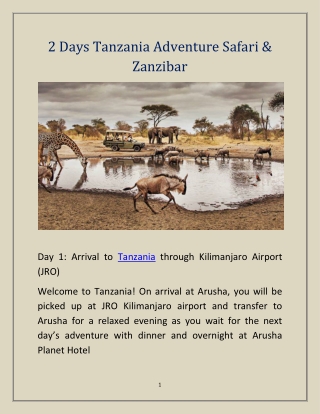 2 Days Tanzania Adventure Safari & Zanzibar