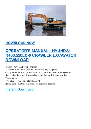 OPERATOR'S MANUAL - HYUNDAI R480,520LC-9 CRAWLER EXCAVATOR DOWNLOAD