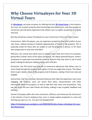 Why Choose Virtualeyes for Your 3D Virtual Tours