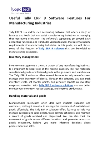 Useful Tally ERP 9 Software Features For Manufacturing Industries