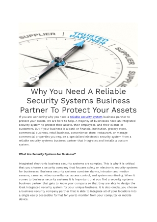 Why You Need A Reliable Security Systems Business Partner To Protect Your Assets...