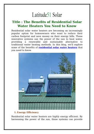 The Benefits of Residential Solar Water Heaters You Need to Know