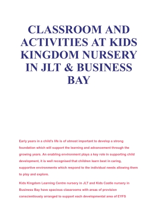 CLASSROOM AND ACTIVITIES AT KIDS KINGDOM NURSERY IN JLT & BUSINESS BAY