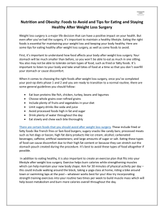 Nutrition and Obesity- Foods to Avoid and Tips for Eating and Staying Healthy After Weight Loss Surgery