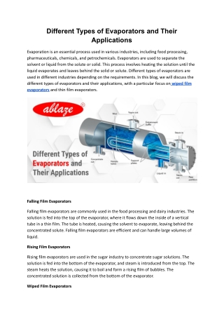 Different Types of Evaporators and Their Applications