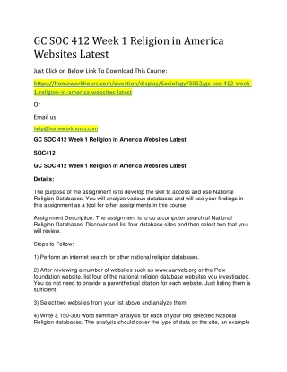 GC SOC 412 Week 1 Religion in America Websites Latest
