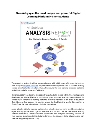 Swa-Adhyayan the most unique and powerful Digital Learning Platform K-8 for students