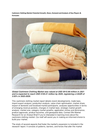 Cashmere Clothing Market Potential Growth, Share, Demand and Analysis of Key Pla