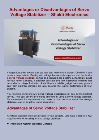 Advantages or Disadvantages of Servo Voltage Stabilizer – Shakti Electronics