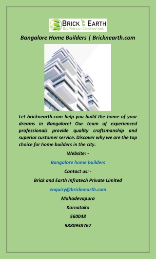 Bangalore Home Builders  Bricknearth