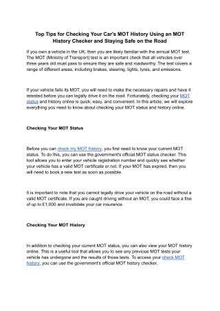 Top Tips for Checking Your Car's MOT History Using an MOT History Checker and Staying Safe on the Road