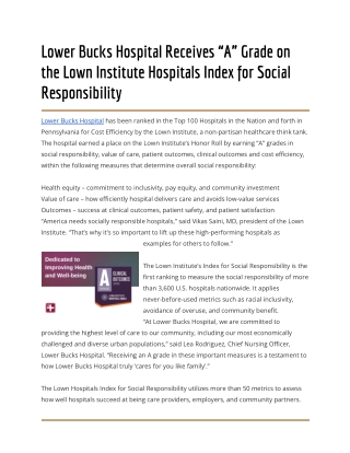 Lower Bucks Hospital Receives “A” Grade on the Lown Institute Hospitals Index for Social Responsibility