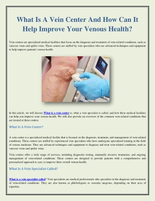 What Is A Vein Center And How Can It Help Improve Your Venous Health?