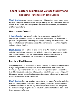 Shunt Reactors: Maintaining Voltage Stability and Reducing Transmission Line Los